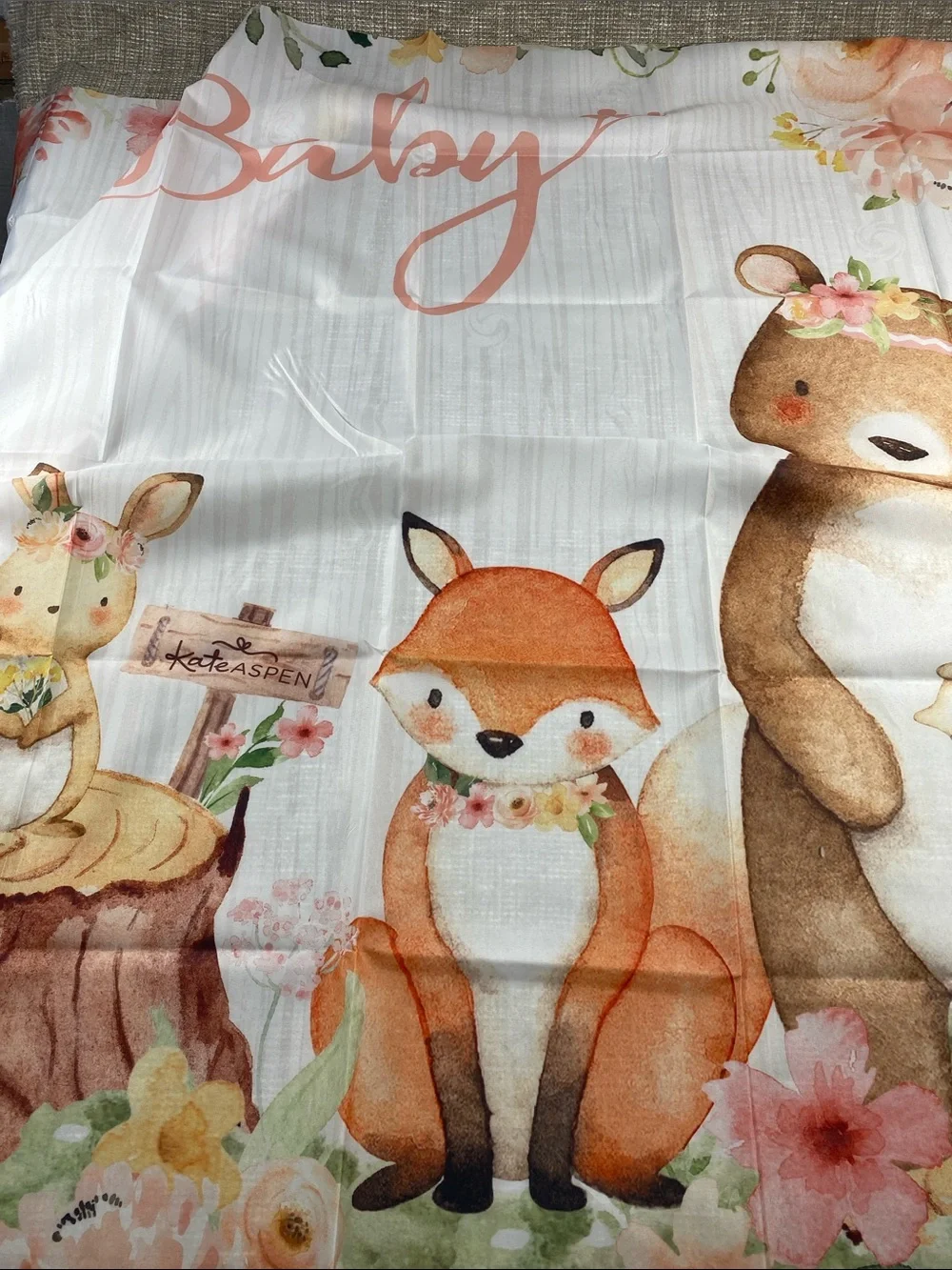Oh Baby Woodland Animal Panel Bedding Fabric - Soft Peach, Brown, Gray